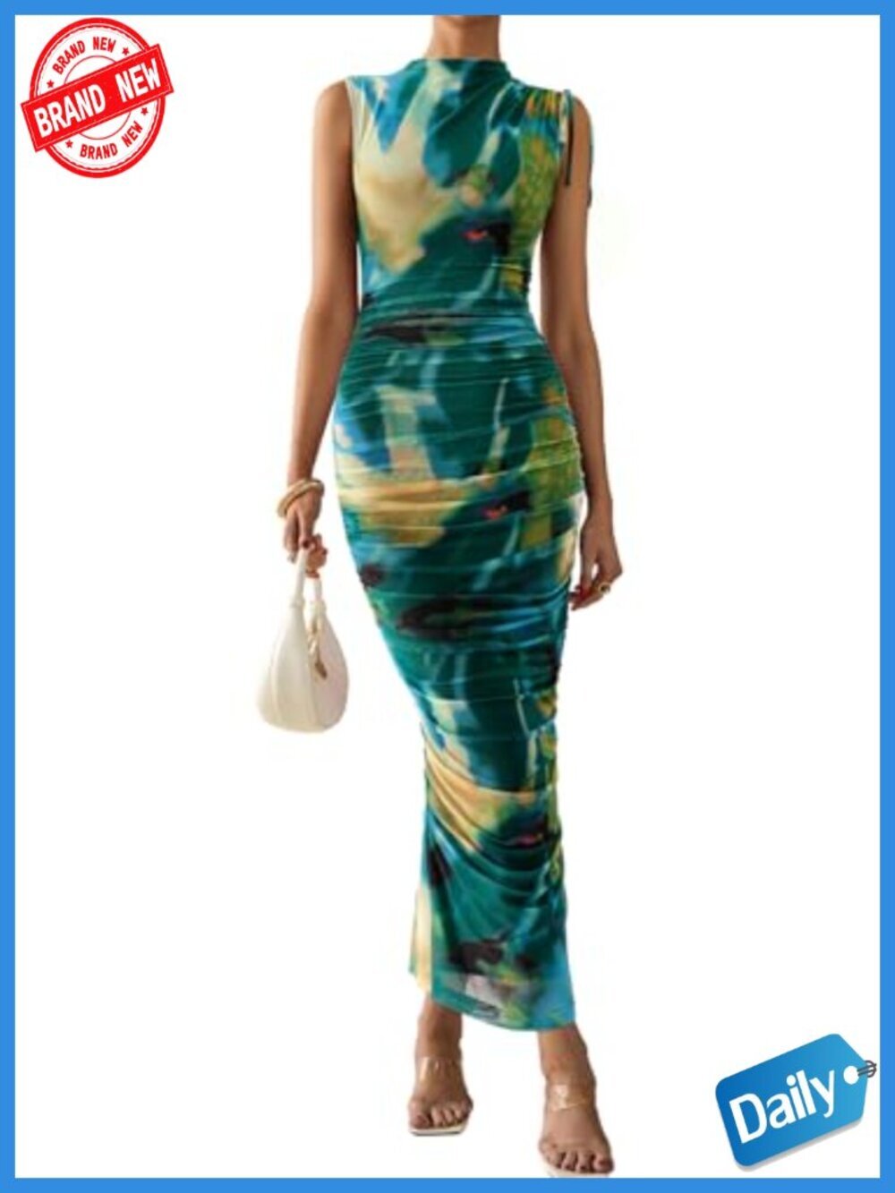 Ruched Bodycon Maxi Dress Sleeveless Mesh Formal Wedding Guest Cocktail Split